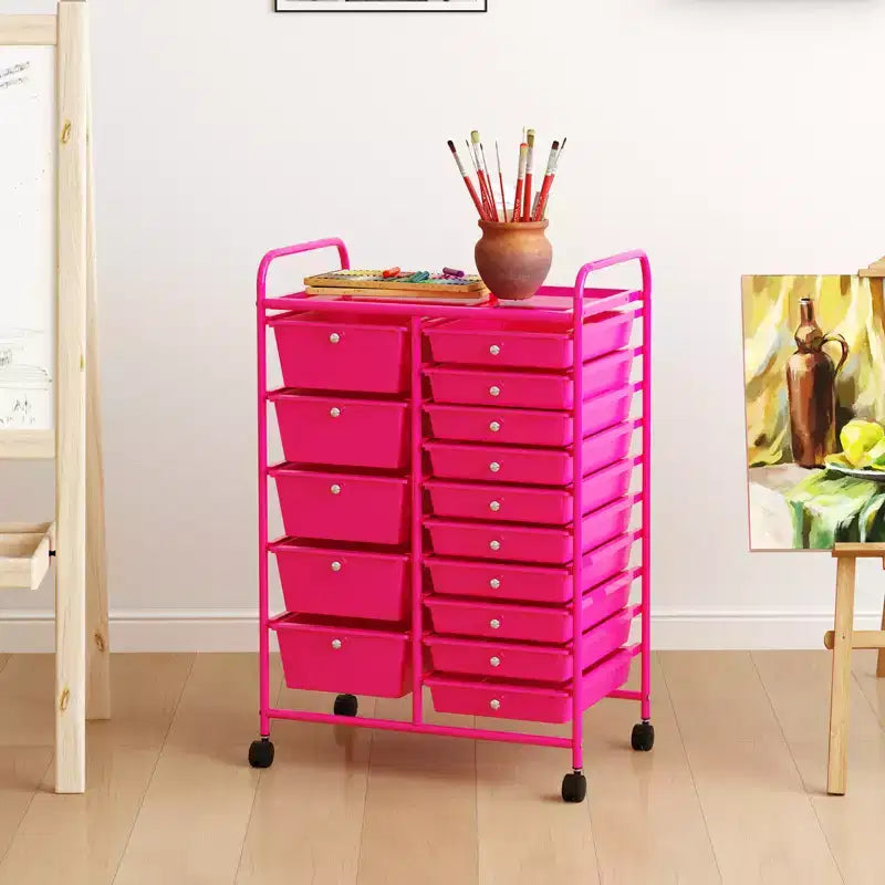 Gymax 15-Drawer Mobile Storage Cart with Wheels Supplies Organizer Rainbow/Multicolor/Colorful/Mixed Pink/ Mixed Black/ Hot Pink/Gradient Green