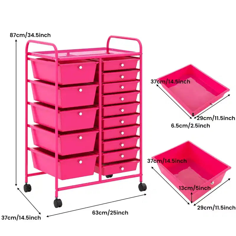 Gymax 15-Drawer Mobile Storage Cart with Wheels Supplies Organizer Rainbow/Multicolor/Colorful/Mixed Pink/ Mixed Black/ Hot Pink/Gradient Green