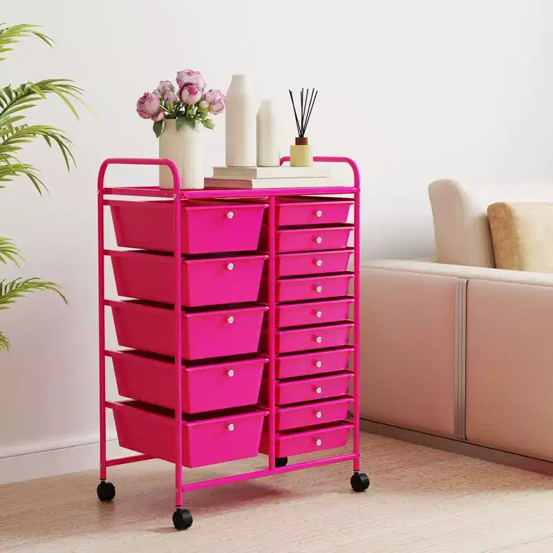 Gymax 15-Drawer Mobile Storage Cart with Wheels Supplies Organizer Rainbow/Multicolor/Colorful/Mixed Pink/ Mixed Black/ Hot Pink/Gradient Green