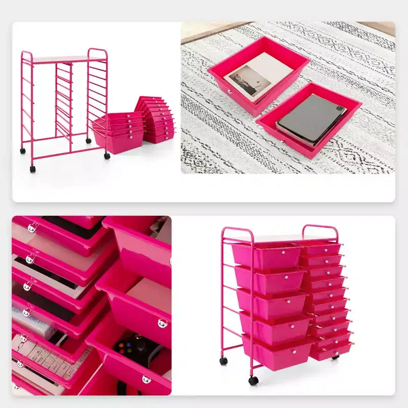 Gymax 15-Drawer Mobile Storage Cart with Wheels Supplies Organizer Rainbow/Multicolor/Colorful/Mixed Pink/ Mixed Black/ Hot Pink/Gradient Green