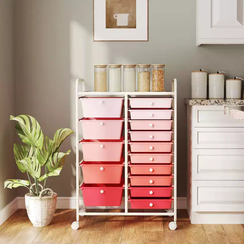 Gymax 15-Drawer Mobile Storage Cart with Wheels Supplies Organizer Rainbow/Multicolor/Colorful/Mixed Pink/ Mixed Black/ Hot Pink/Gradient Green