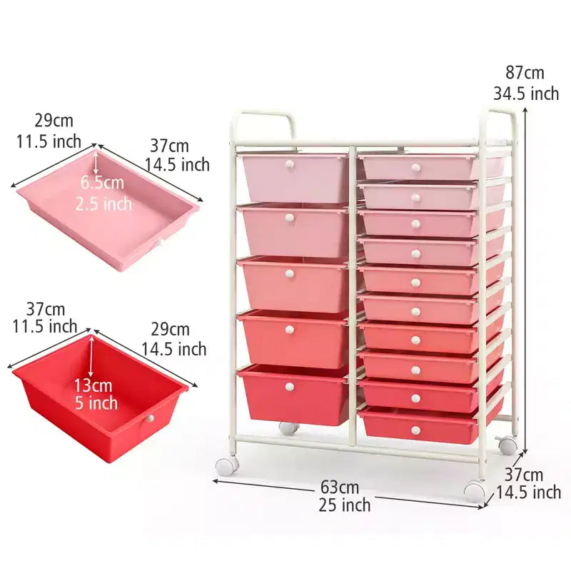 Gymax 15-Drawer Mobile Storage Cart with Wheels Supplies Organizer Rainbow/Multicolor/Colorful/Mixed Pink/ Mixed Black/ Hot Pink/Gradient Green