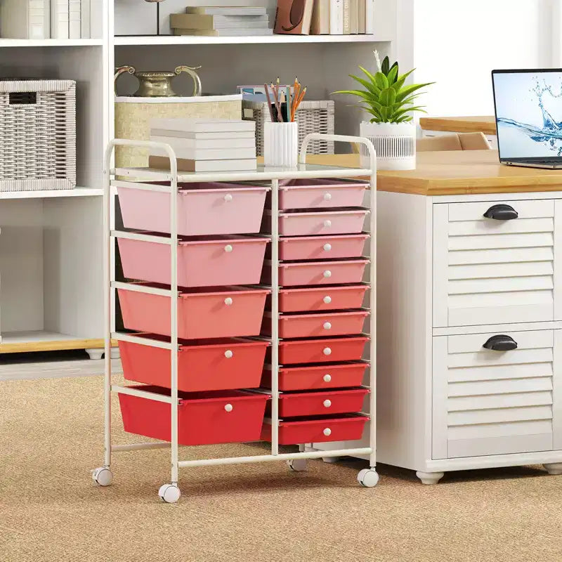 Gymax 15-Drawer Mobile Storage Cart with Wheels Supplies Organizer Rainbow/Multicolor/Colorful/Mixed Pink/ Mixed Black/ Hot Pink/Gradient Green