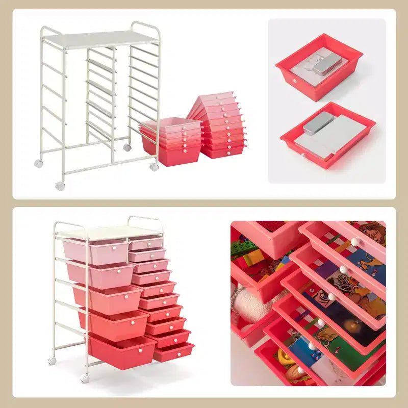 Gymax 15-Drawer Mobile Storage Cart with Wheels Supplies Organizer Rainbow/Multicolor/Colorful/Mixed Pink/ Mixed Black/ Hot Pink/Gradient Green