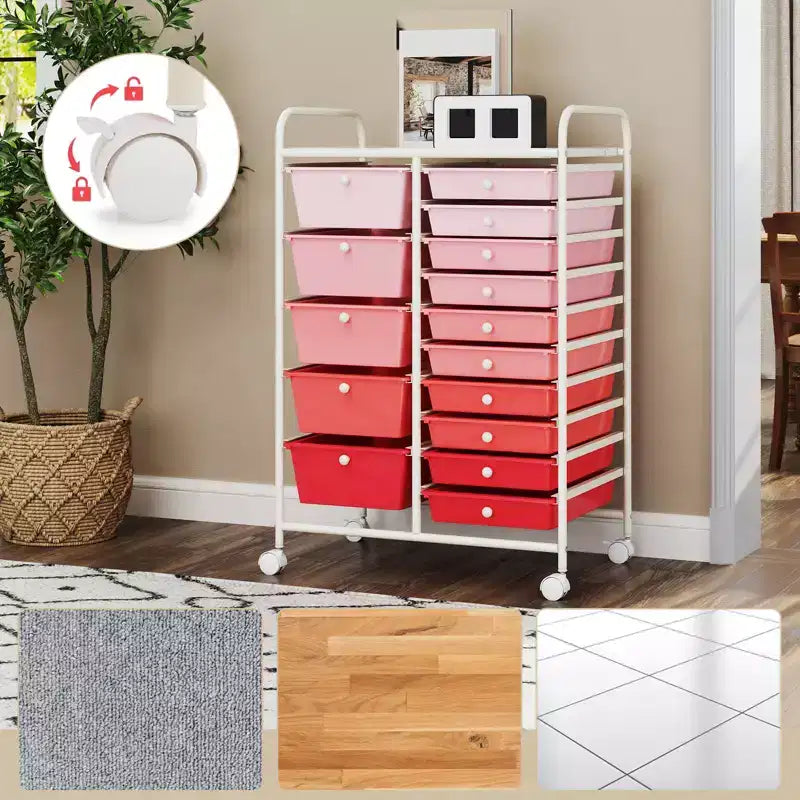 Gymax 15-Drawer Mobile Storage Cart with Wheels Supplies Organizer Rainbow/Multicolor/Colorful/Mixed Pink/ Mixed Black/ Hot Pink/Gradient Green