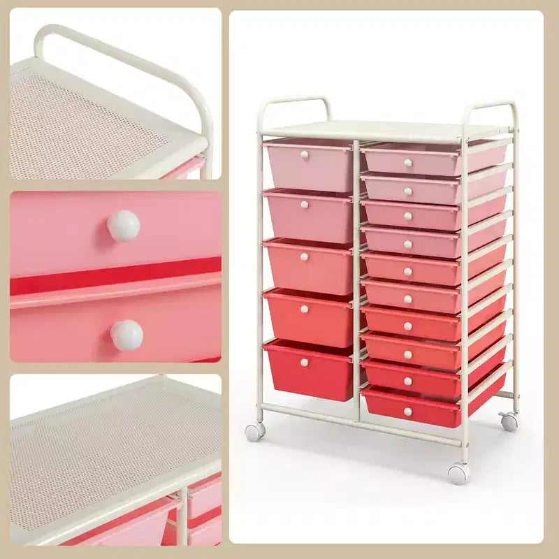 Gymax 15-Drawer Mobile Storage Cart with Wheels Supplies Organizer Rainbow/Multicolor/Colorful/Mixed Pink/ Mixed Black/ Hot Pink/Gradient Green