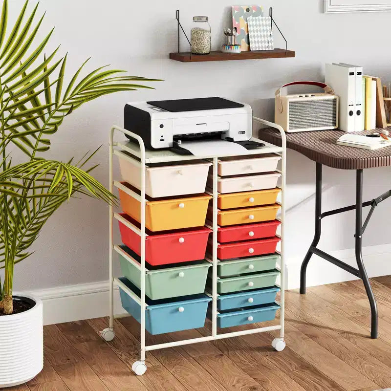 Gymax 15-Drawer Mobile Storage Cart with Wheels Supplies Organizer Rainbow/Multicolor/Colorful/Mixed Pink/ Mixed Black/ Hot Pink/Gradient Green