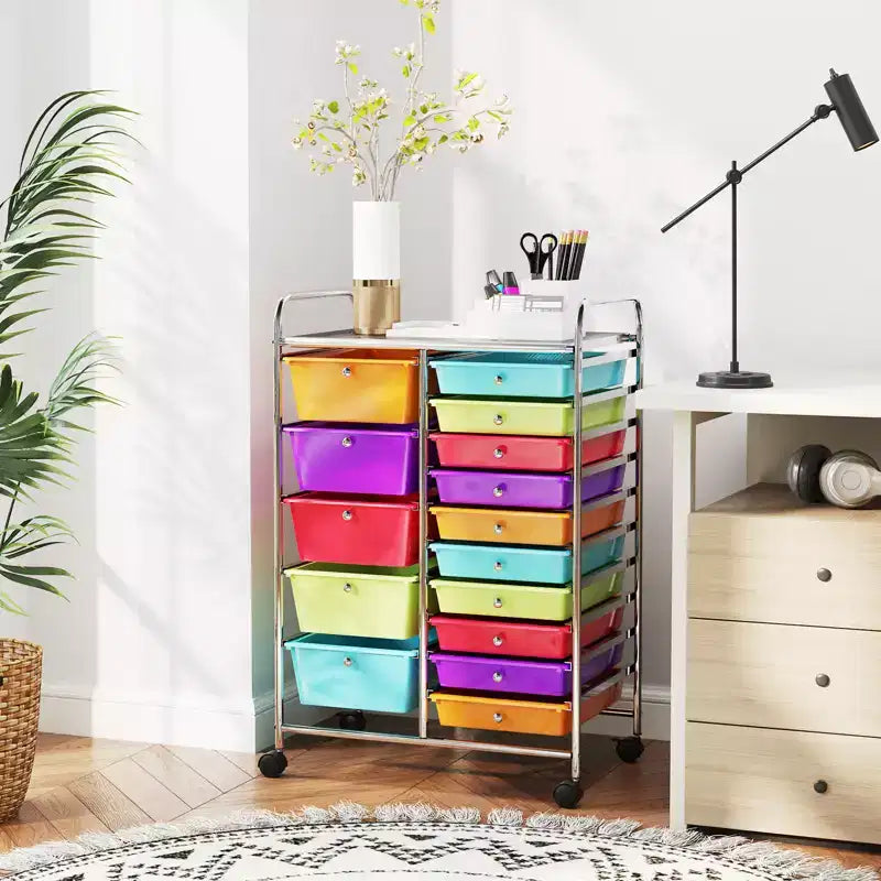 Gymax 15-Drawer Mobile Storage Cart with Wheels Supplies Organizer Rainbow/Multicolor/Colorful/Mixed Pink/ Mixed Black/ Hot Pink/Gradient Green