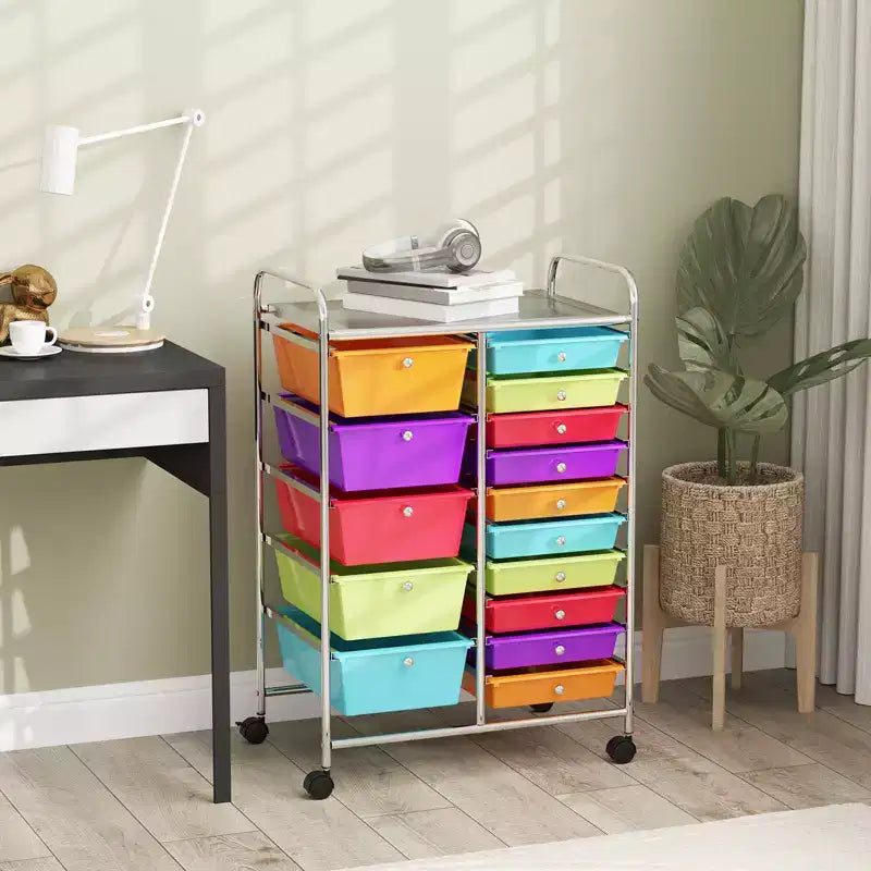 Gymax 15-Drawer Mobile Storage Cart with Wheels Supplies Organizer Rainbow/Multicolor/Colorful/Mixed Pink/ Mixed Black/ Hot Pink/Gradient Green