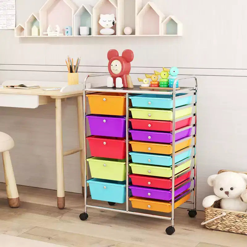 Gymax 15-Drawer Mobile Storage Cart with Wheels Supplies Organizer Rainbow/Multicolor/Colorful/Mixed Pink/ Mixed Black/ Hot Pink/Gradient Green