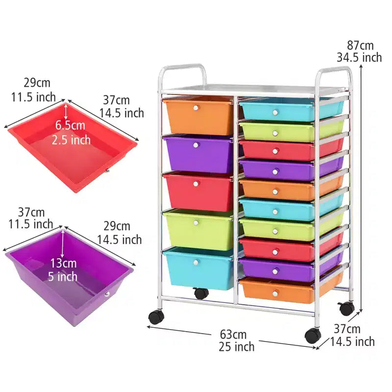 Gymax 15-Drawer Mobile Storage Cart with Wheels Supplies Organizer Rainbow/Multicolor/Colorful/Mixed Pink/ Mixed Black/ Hot Pink/Gradient Green