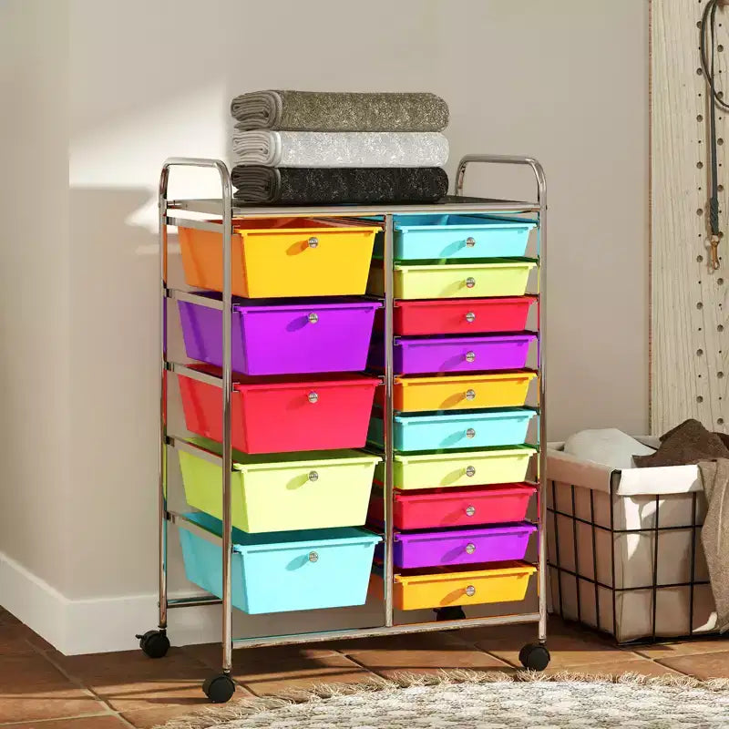 Gymax 15-Drawer Mobile Storage Cart with Wheels Supplies Organizer Rainbow/Multicolor/Colorful/Mixed Pink/ Mixed Black/ Hot Pink/Gradient Green