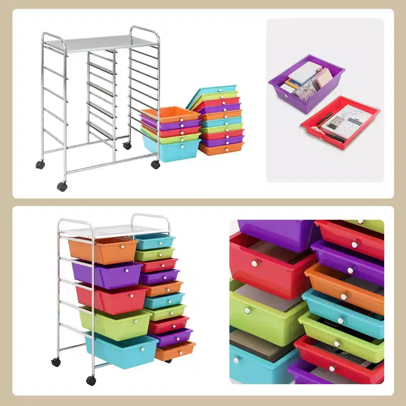 Gymax 15-Drawer Mobile Storage Cart with Wheels Supplies Organizer Rainbow/Multicolor/Colorful/Mixed Pink/ Mixed Black/ Hot Pink/Gradient Green