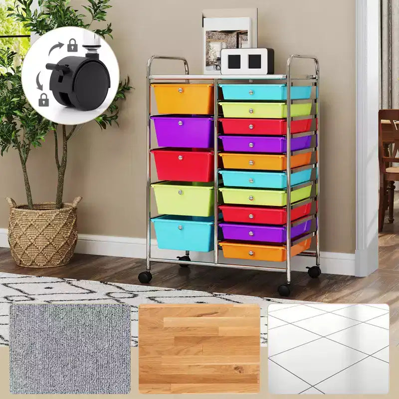 Gymax 15-Drawer Mobile Storage Cart with Wheels Supplies Organizer Rainbow/Multicolor/Colorful/Mixed Pink/ Mixed Black/ Hot Pink/Gradient Green