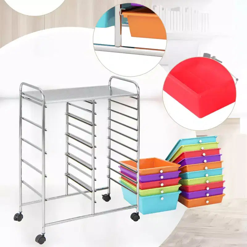Gymax 15-Drawer Mobile Storage Cart with Wheels Supplies Organizer Rainbow/Multicolor/Colorful/Mixed Pink/ Mixed Black/ Hot Pink/Gradient Green