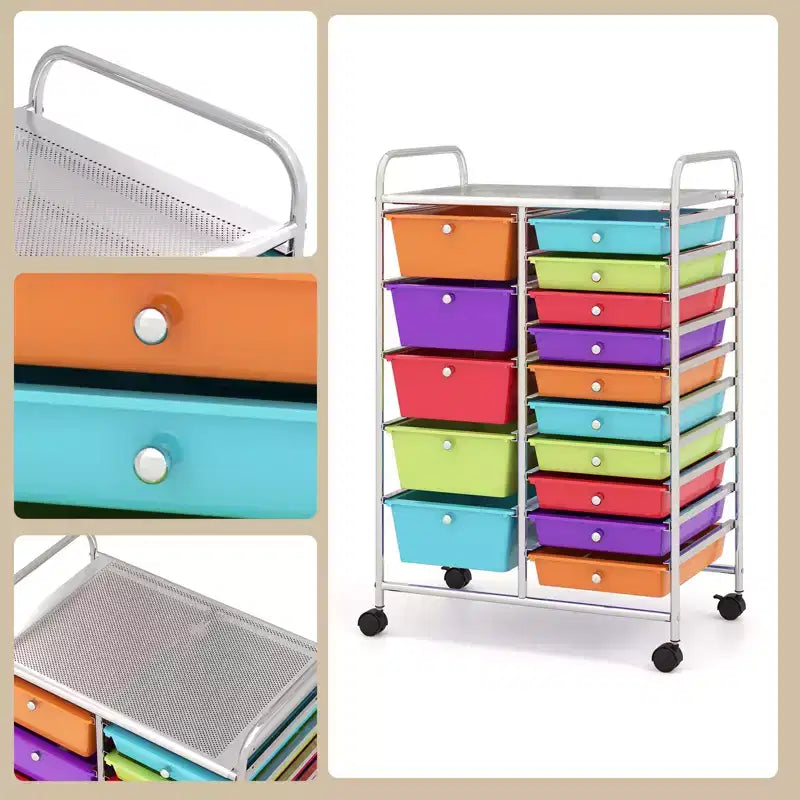 Gymax 15-Drawer Mobile Storage Cart with Wheels Supplies Organizer Rainbow/Multicolor/Colorful/Mixed Pink/ Mixed Black/ Hot Pink/Gradient Green