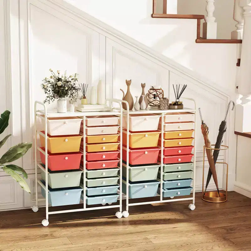 Gymax 15-Drawer Mobile Storage Cart with Wheels Supplies Organizer Rainbow/Multicolor/Colorful/Mixed Pink/ Mixed Black/ Hot Pink/Gradient Green