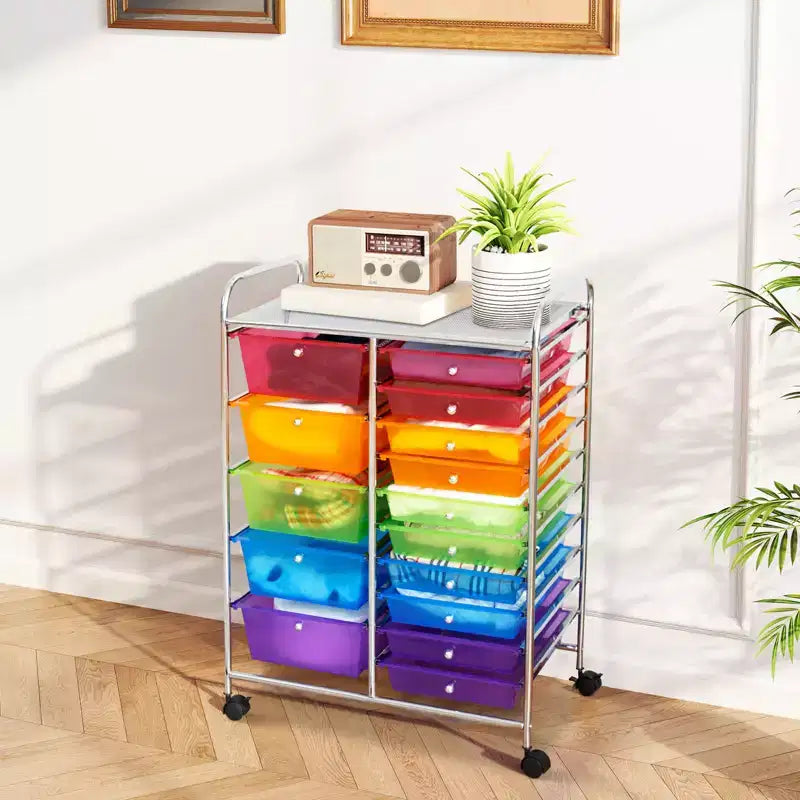 Gymax 15-Drawer Mobile Storage Cart with Wheels Supplies Organizer Rainbow/Multicolor/Colorful/Mixed Pink/ Mixed Black/ Hot Pink/Gradient Green