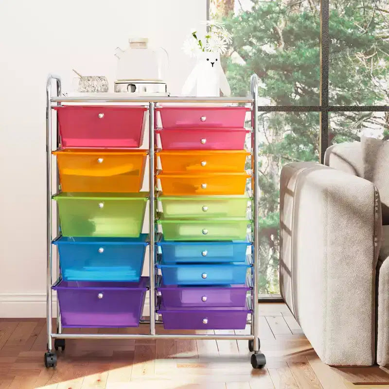 Gymax 15-Drawer Mobile Storage Cart with Wheels Supplies Organizer Rainbow/Multicolor/Colorful/Mixed Pink/ Mixed Black/ Hot Pink/Gradient Green