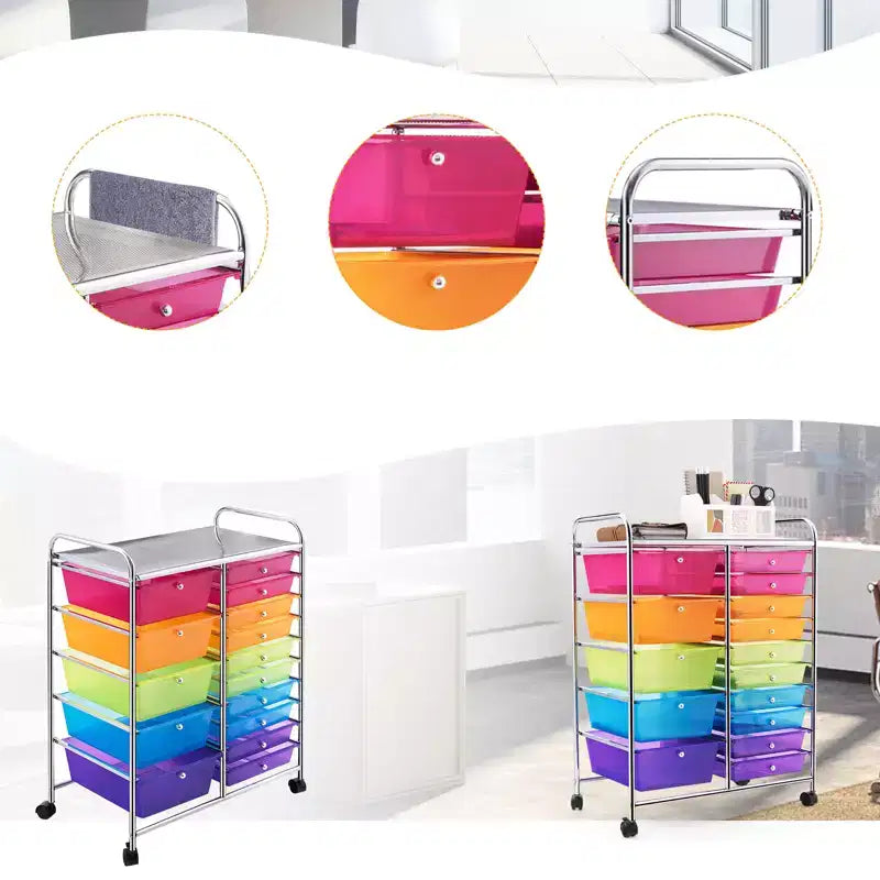 Gymax 15-Drawer Mobile Storage Cart with Wheels Supplies Organizer Rainbow/Multicolor/Colorful/Mixed Pink/ Mixed Black/ Hot Pink/Gradient Green