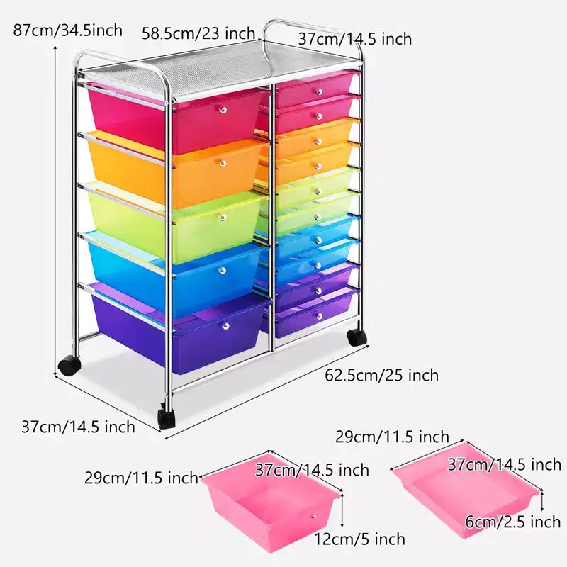Gymax 15-Drawer Mobile Storage Cart with Wheels Supplies Organizer Rainbow/Multicolor/Colorful/Mixed Pink/ Mixed Black/ Hot Pink/Gradient Green