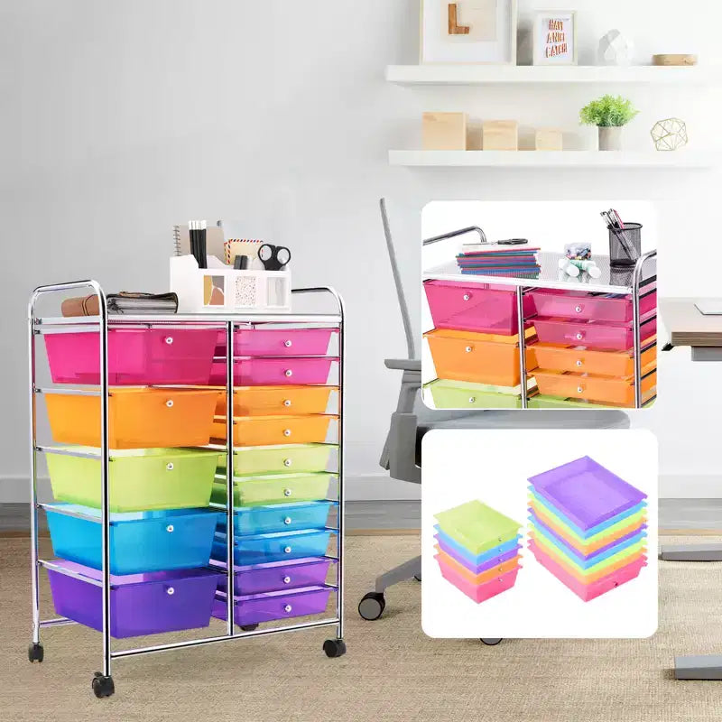Gymax 15-Drawer Mobile Storage Cart with Wheels Supplies Organizer Rainbow/Multicolor/Colorful/Mixed Pink/ Mixed Black/ Hot Pink/Gradient Green