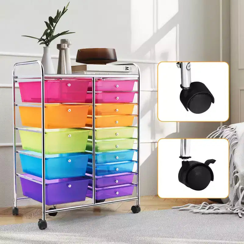 Gymax 15-Drawer Mobile Storage Cart with Wheels Supplies Organizer Rainbow/Multicolor/Colorful/Mixed Pink/ Mixed Black/ Hot Pink/Gradient Green