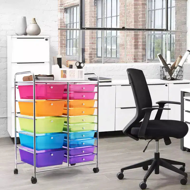 Gymax 15-Drawer Mobile Storage Cart with Wheels Supplies Organizer Rainbow/Multicolor/Colorful/Mixed Pink/ Mixed Black/ Hot Pink/Gradient Green