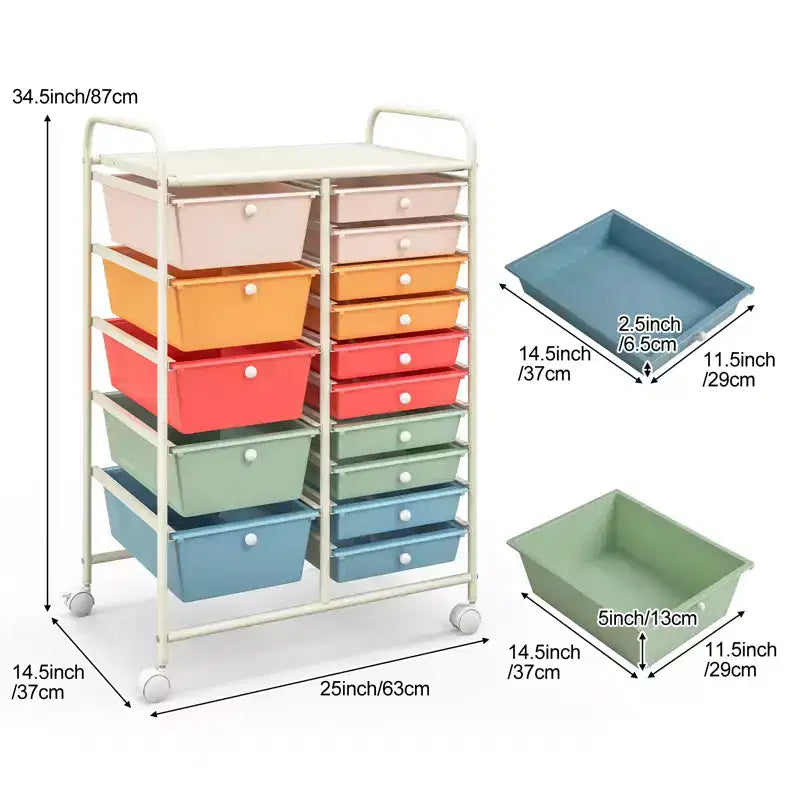 Gymax 15-Drawer Mobile Storage Cart with Wheels Supplies Organizer Rainbow/Multicolor/Colorful/Mixed Pink/ Mixed Black/ Hot Pink/Gradient Green