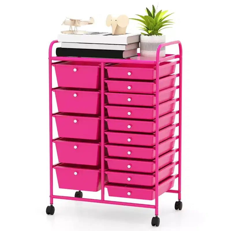 Gymax 15-Drawer Mobile Storage Cart with Wheels Supplies Organizer Rainbow/Multicolor/Colorful/Mixed Pink/ Mixed Black/ Hot Pink/Gradient Green