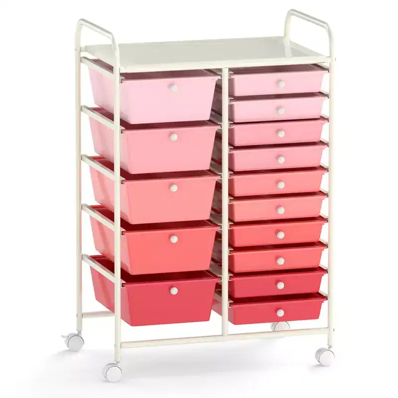 Gymax 15-Drawer Mobile Storage Cart with Wheels Supplies Organizer Rainbow/Multicolor/Colorful/Mixed Pink/ Mixed Black/ Hot Pink/Gradient Green