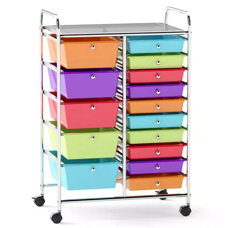 Gymax 15-Drawer Mobile Storage Cart with Wheels Supplies Organizer Rainbow/Multicolor/Colorful/Mixed Pink/ Mixed Black/ Hot Pink/Gradient Green