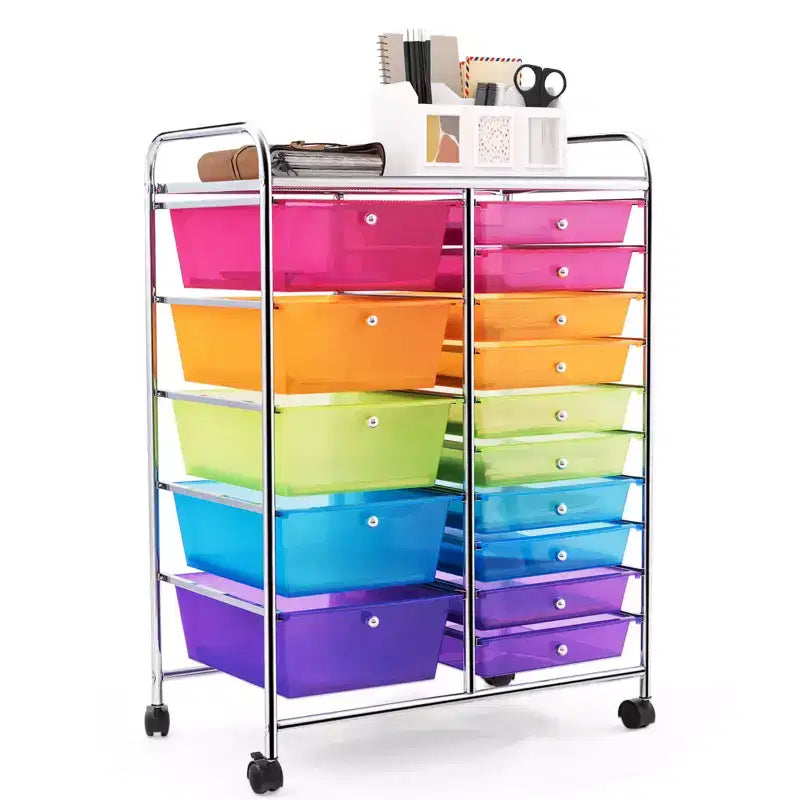 Gymax 15-Drawer Mobile Storage Cart with Wheels Supplies Organizer Rainbow/Multicolor/Colorful/Mixed Pink/ Mixed Black/ Hot Pink/Gradient Green