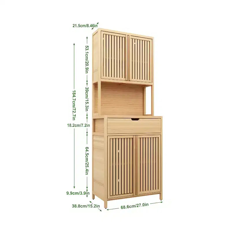 72 Bamboo Kitchen Hutch with Doors and Adjustable Shelves, Bamboo Buffet Storage Cabinet Stylish Storage Solution for Kitchen, Dining Room