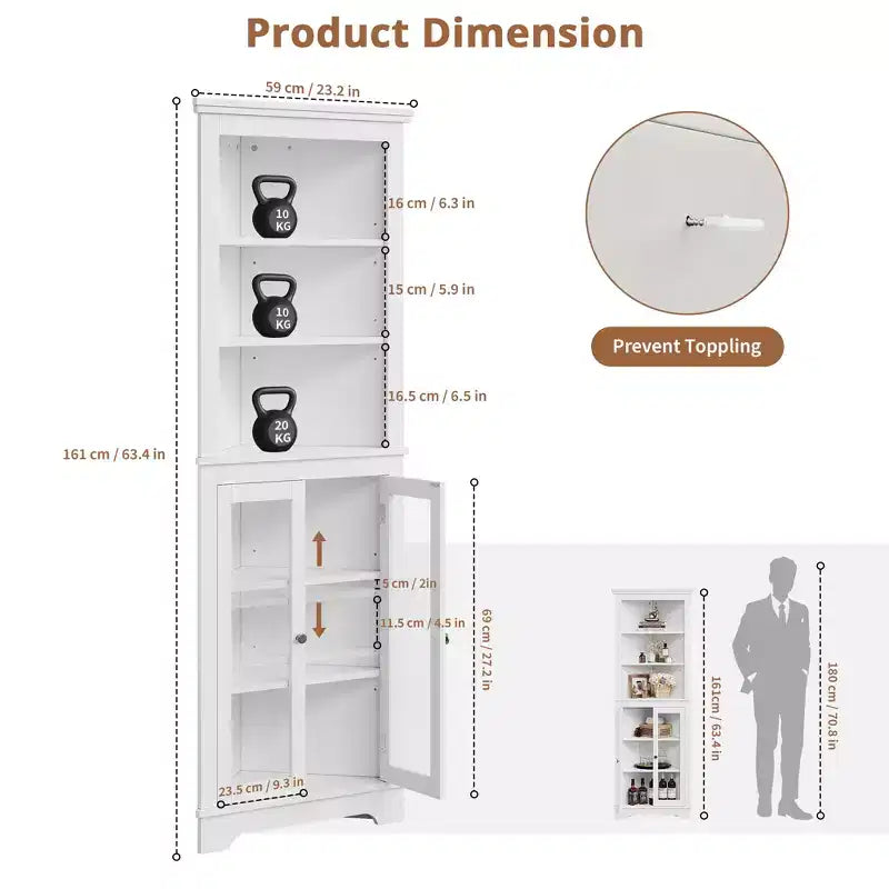 Acekool Corner Cabinet with Glass Doors, Adjustable Shelves, Tall Organizer, White Storage for Bathroom Kitchen or Living Room