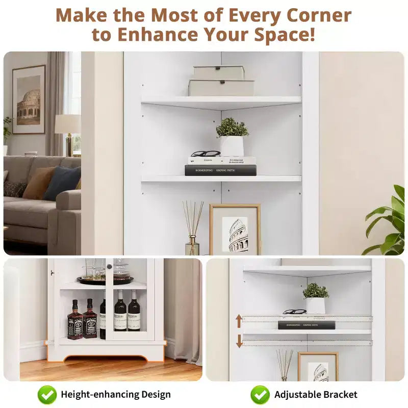 Acekool Corner Cabinet with Glass Doors, Adjustable Shelves, Tall Organizer, White Storage for Bathroom Kitchen or Living Room