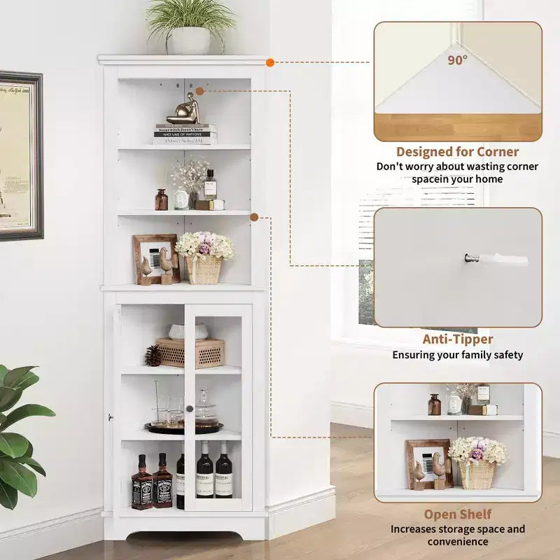 Acekool Corner Cabinet with Glass Doors, Adjustable Shelves, Tall Organizer, White Storage for Bathroom Kitchen or Living Room