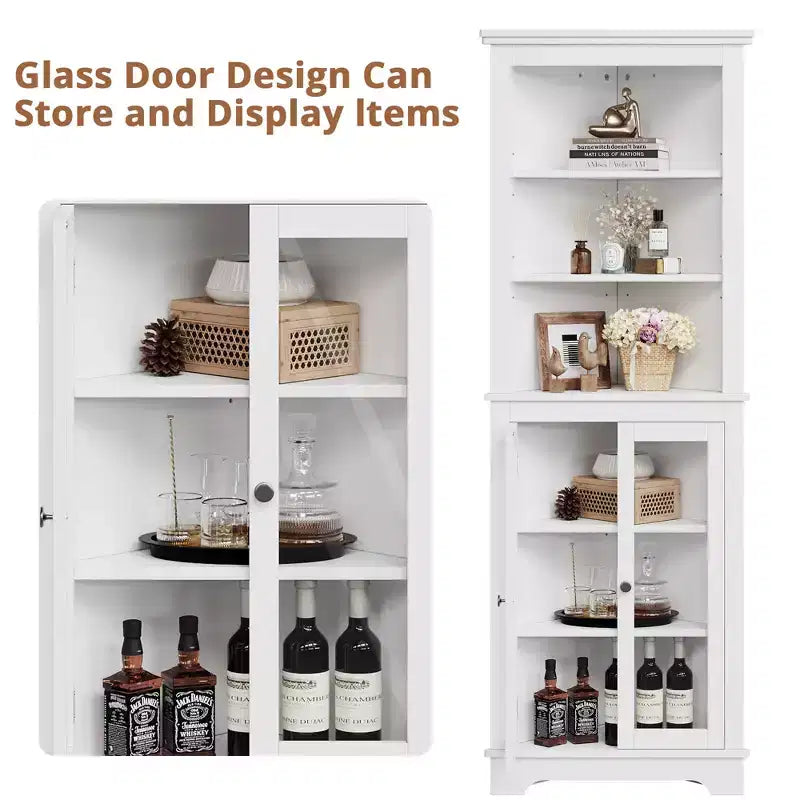 Acekool Corner Cabinet with Glass Doors, Adjustable Shelves, Tall Organizer, White Storage for Bathroom Kitchen or Living Room