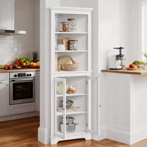 Acekool Corner Cabinet with Glass Doors, Adjustable Shelves, Tall Organizer, White Storage for Bathroom Kitchen or Living Room