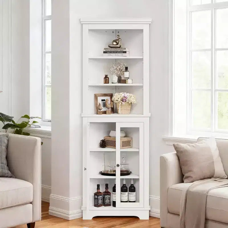 Acekool Corner Cabinet with Glass Doors, Adjustable Shelves, Tall Organizer, White Storage for Bathroom Kitchen or Living Room