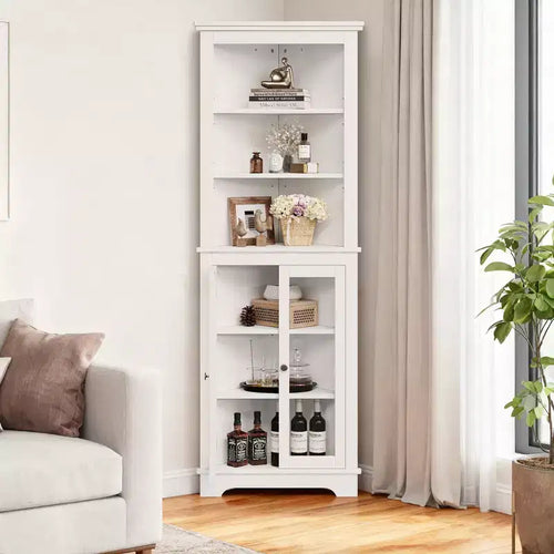 Acekool Corner Cabinet with Glass Doors, Adjustable Shelves, Tall Organizer, White Storage for Bathroom Kitchen or Living Room