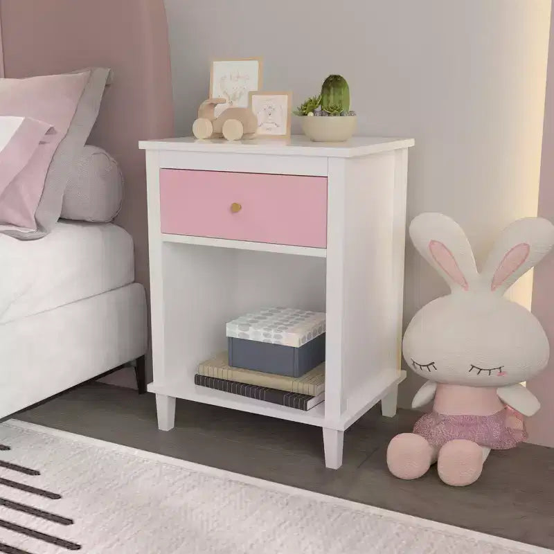 26.77''H Wooden Nightstand with One Drawer One Shelf for Kids, Adults, Pink+Golden handle