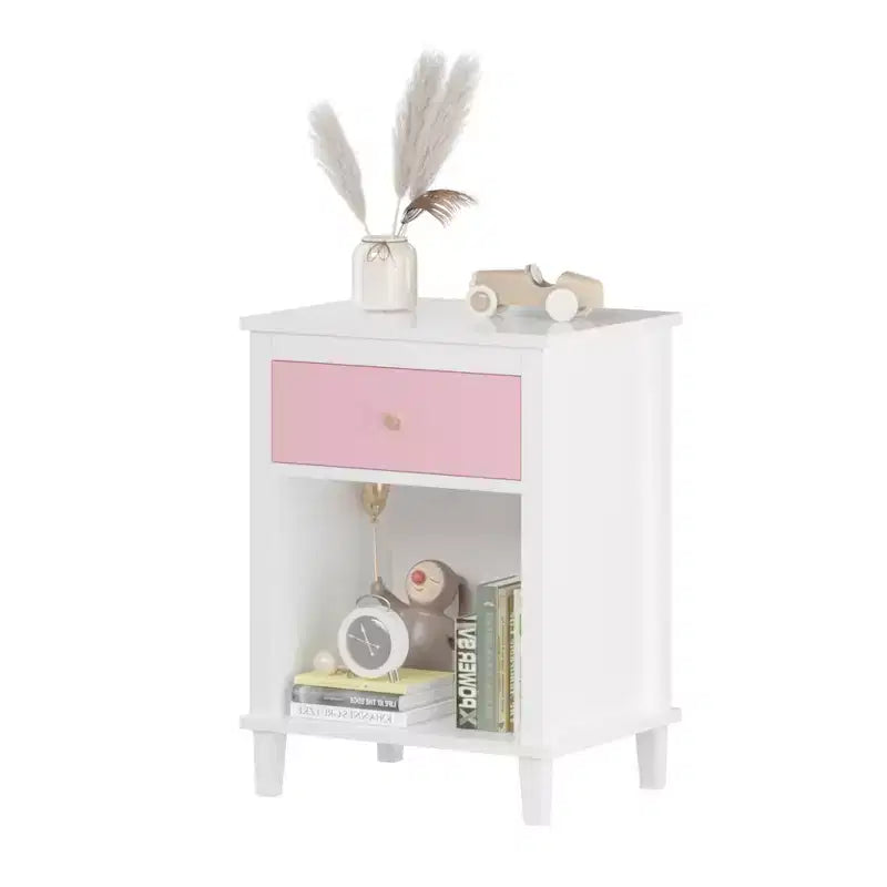 26.77''H Wooden Nightstand with One Drawer One Shelf for Kids, Adults, Pink+Golden handle
