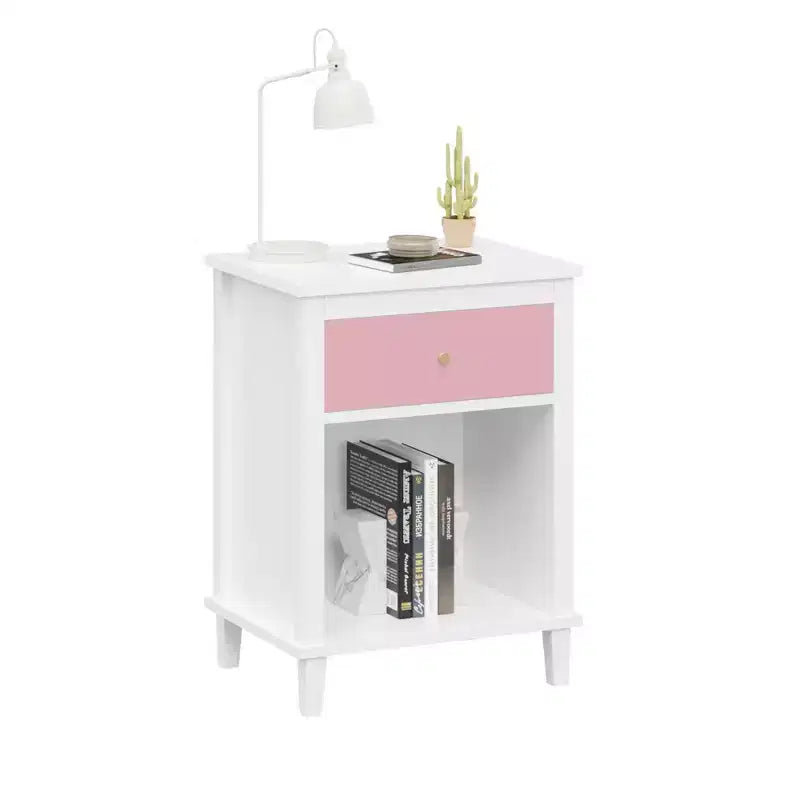 26.77''H Wooden Nightstand with One Drawer One Shelf for Kids, Adults, Pink+Golden handle