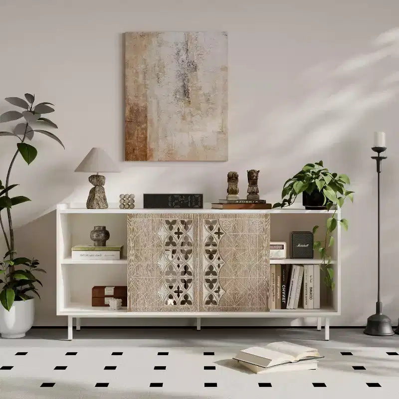 GDFStudio Wilma 58.6'' Mid-Century Modern TV Stand with 2 Floral Pattern Sliding Doors and 2 Shelves