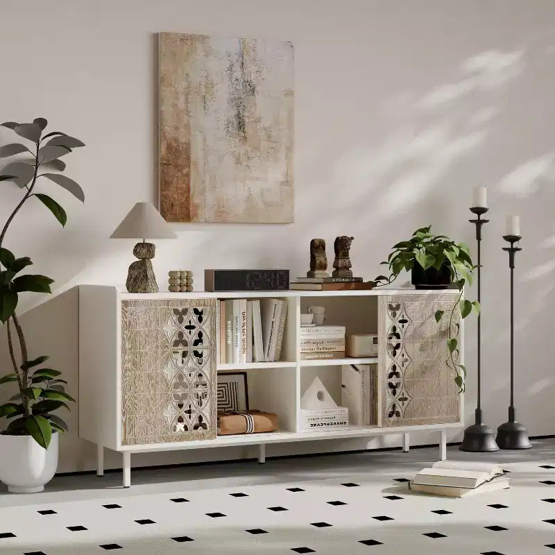 GDFStudio Wilma 58.6'' Mid-Century Modern TV Stand with 2 Floral Pattern Sliding Doors and 2 Shelves