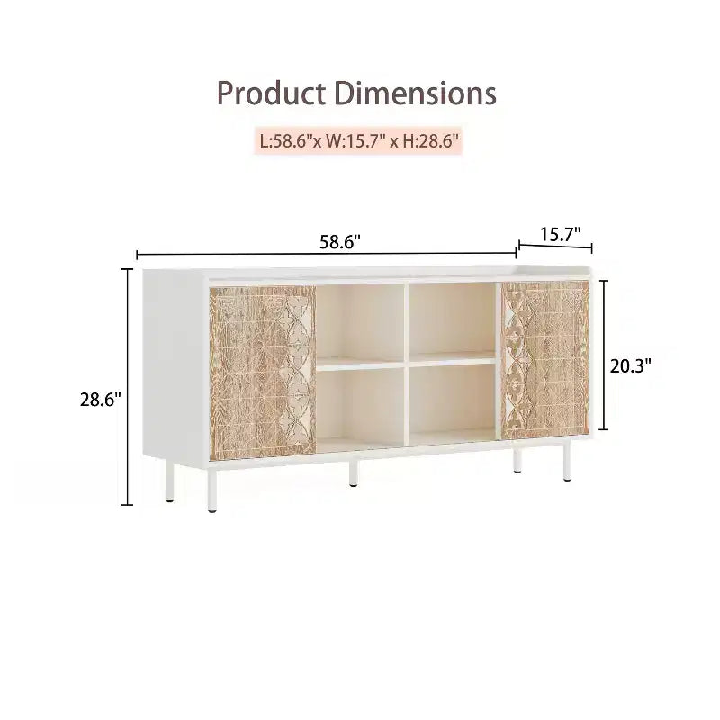 GDFStudio Wilma 58.6'' Mid-Century Modern TV Stand with 2 Floral Pattern Sliding Doors and 2 Shelves