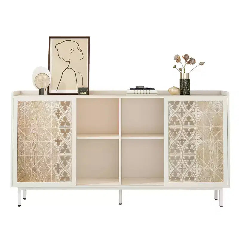 GDFStudio Wilma 58.6'' Mid-Century Modern TV Stand with 2 Floral Pattern Sliding Doors and 2 Shelves