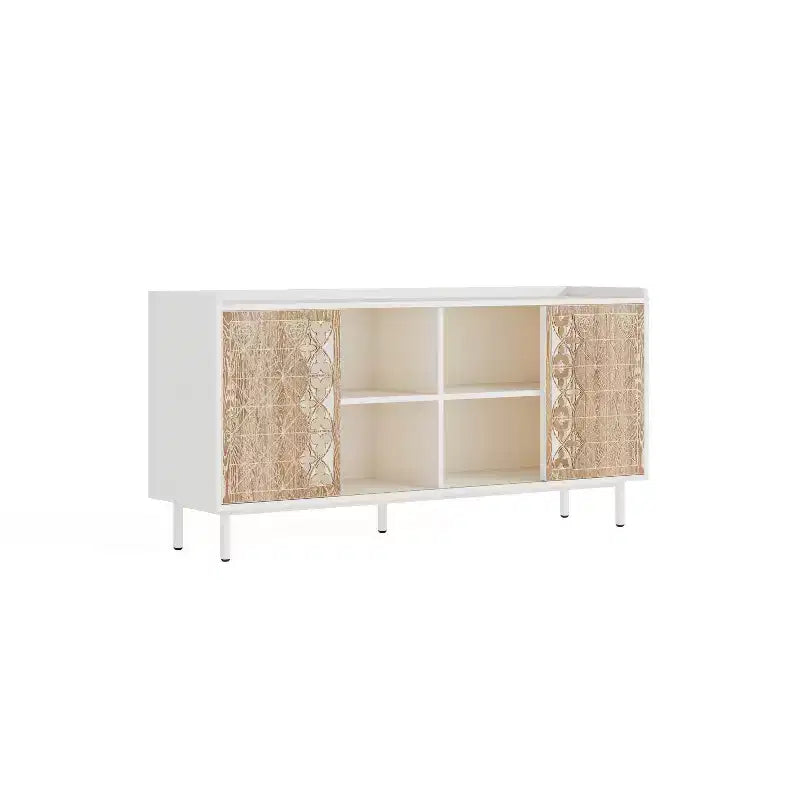 GDFStudio Wilma 58.6'' Mid-Century Modern TV Stand with 2 Floral Pattern Sliding Doors and 2 Shelves