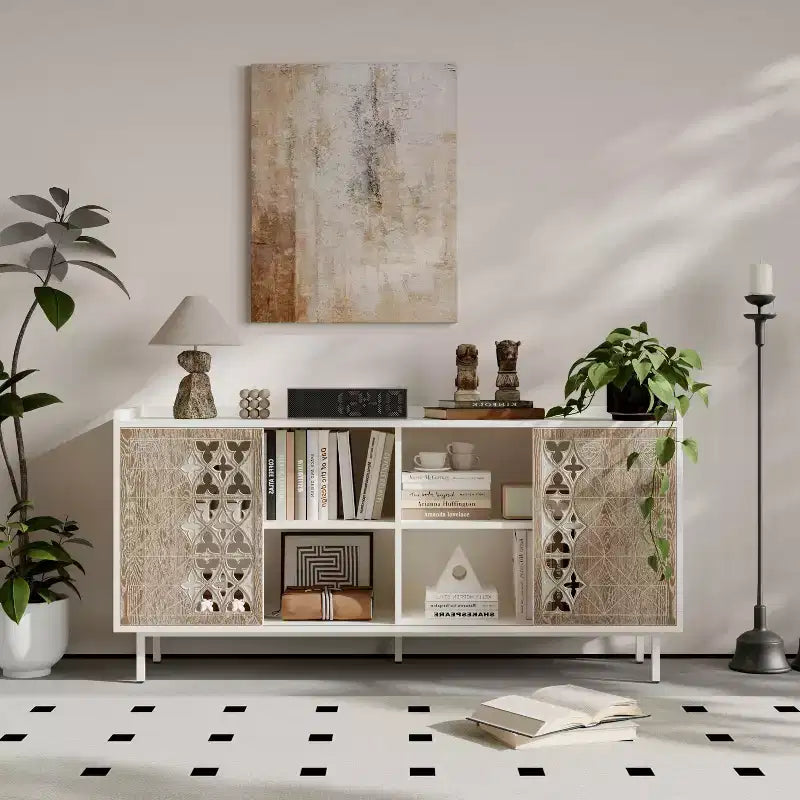 GDFStudio Wilma 58.6'' Mid-Century Modern TV Stand with 2 Floral Pattern Sliding Doors and 2 Shelves